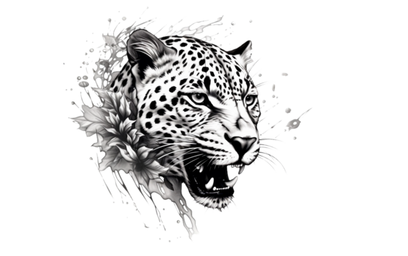 portrait of a leopard in black and white tattoo 