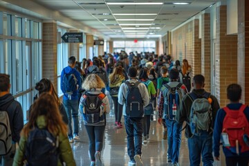A large group of people, including students, walking down a bustling hallway, A bustling hallway filled with students of different ages and backgrounds
