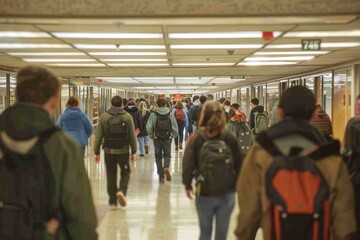 A group of individuals, likely students, walking in a busy hallway, A bustling hallway filled with students on their way to class