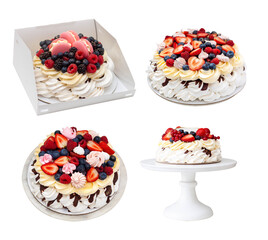 Pavlova cake with whipped cream cheese, chocolate sauce and fresh berries on grey background. Beautiful cake for the Birthday party