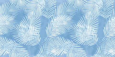 Palm Leaves Pattern. Watercolor tropic leaves seamless vector background, jungle print light blue texture