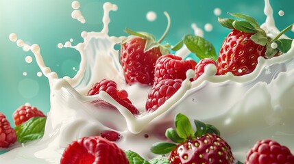 A splash of milk with strawberries and raspberries on the ight green background.