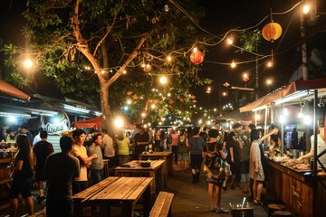 People Gathered Around Tables at Night, A bustling night market with a family sampling exotic...