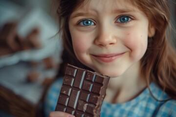 child, girl with a chocolate bar in her hand.cocoa beans fruit. happiness. childhood chocolate...