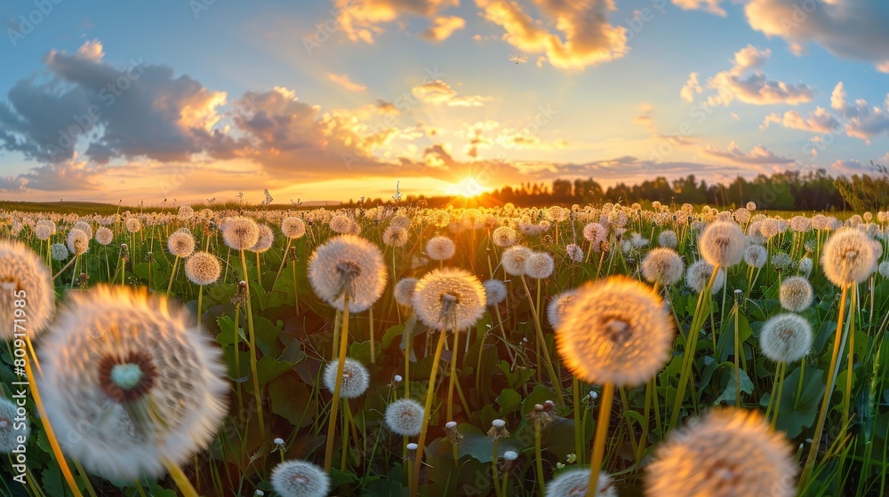 Wall mural a field of dandelions is in full bloom, with the sun setting in the background