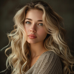 Naklejka premium beautiful blonde girl portrait, fashion photography, wavy hair