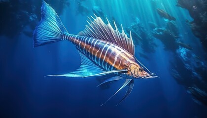 Ikan marlin besar di lautan biru, pemandangan hewan lautan yang memukau