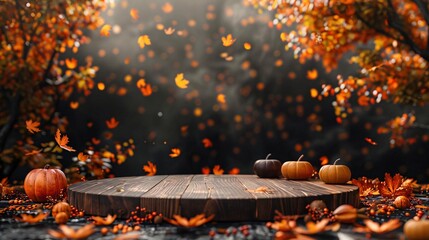 Rustic Wooden Podium on Dark Halloween Background with Autumn Leaves and Pumpkins, Perfect for Spooky Decor or Custom Text Display