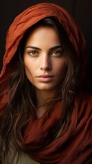 Mysterious woman in red hooded cloak