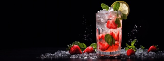 Mojito cocktail with lime, strawberry, fresh mint, ice and splashes of water on the black background. A glass of berry lemonade on the dark backdrop with copy space.