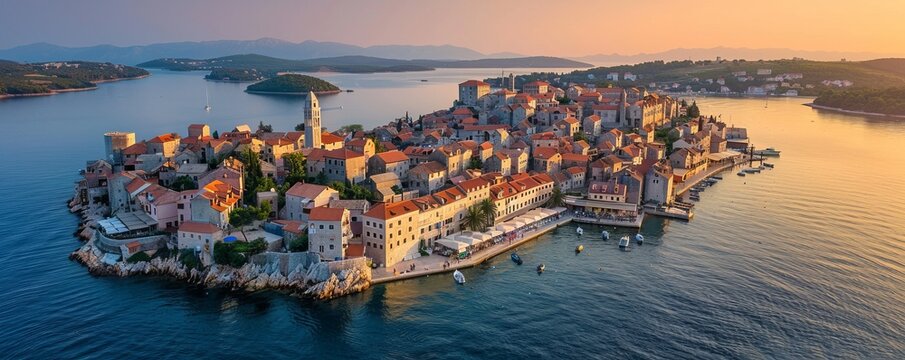 Aerial drone view of the old and historical center of Primosten, Sibenik, Croatia.