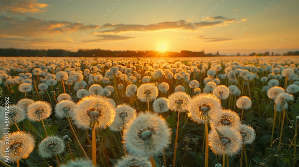Wall mural a field of dandelions is in full bloom, with the sun setting in the background