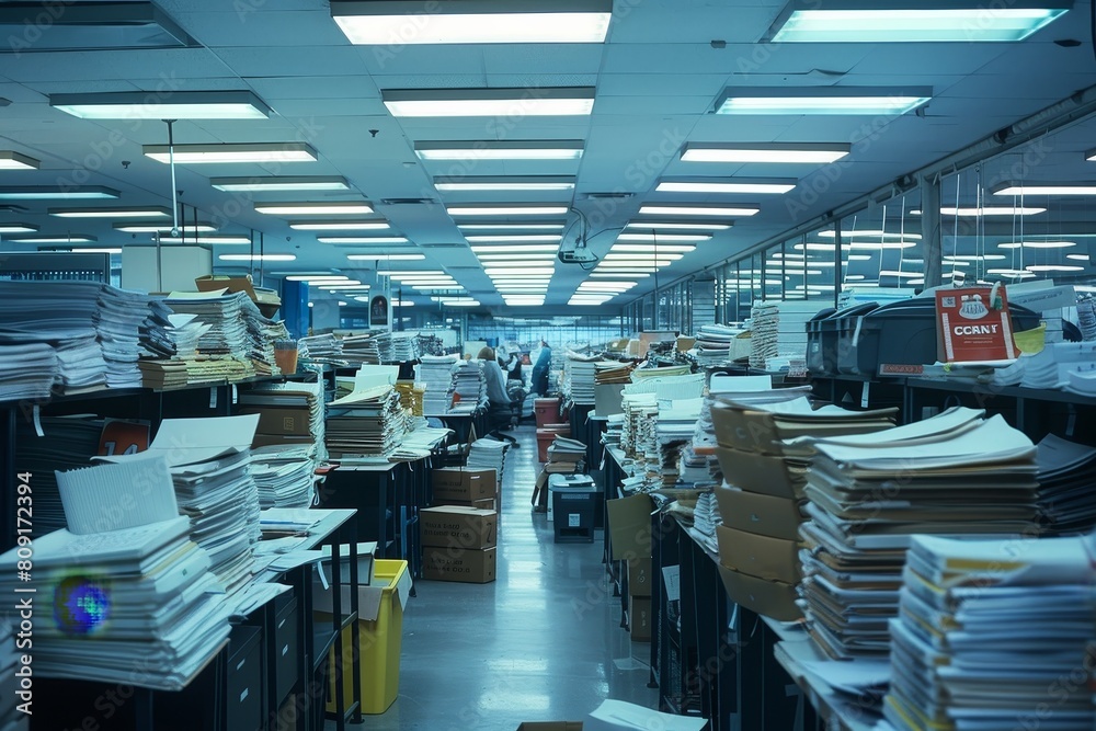Poster a large workspace crowded with rows of cabinets holding multiple files and documents, a busy cubicle