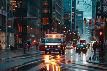 Fototapeta premium A city street filled with traffic next to tall buildings, with an ambulance parked at the curb, A busy city street with an ambulance parked