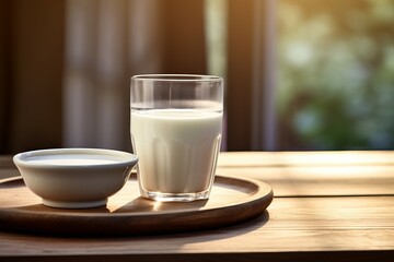 Tranquil and peaceful morning scene with a variety of dairy products such as milk and yogurt arranged on a wooden tray, bathed in warm sunlight streaming through a window