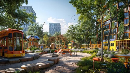 Obraz premium Vibrant Eco-City School Zone with Solar-Powered Buses and Renewable Energy Playground for Playful Learning Adventures