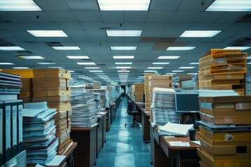 Obraz premium A room packed with numerous cardboard boxes and files neatly stacked in rows, A busy cubicle farm with rows of identical workstations, fluorescent lights, and stacks of paper on every desk