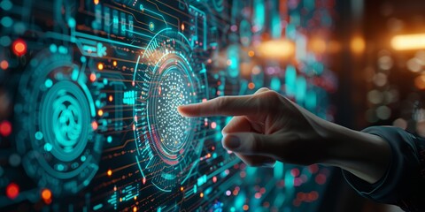 Futuristic touch interaction with digital interface. Biometric prints.