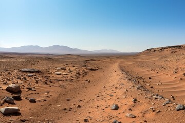 Vast desert landscape with mountains in the distance