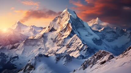 Obraz premium Majestic snow-capped mountain landscape at sunset