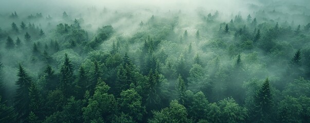 Aerial view of foggy forest during morning mist in Bosnia and Herzegovina.