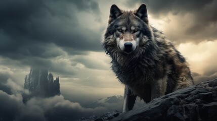 Majestic wolf on a rocky mountain peak