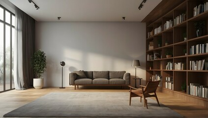 Generate a highly realistic image of a completely empty room, in a minimalist style, showcasing a...