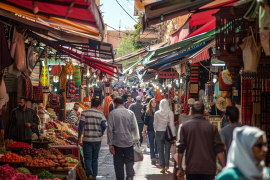 A diverse group of people walking through a bustling market street filled with vendors and shoppers, A busy market street thronged with shoppers and vendors