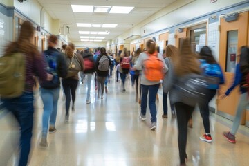 Students briskly moving down a hallway, A buzzing energy as students hurry to their next class