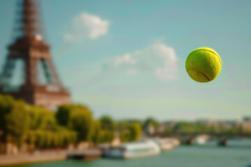 tennis ball with blurry background of the Eiffel Tower in Paris - obrazy, fototapety, plakaty