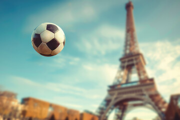 soccer ball with blurry background of the Eiffel Tower in Paris - obrazy, fototapety, plakaty