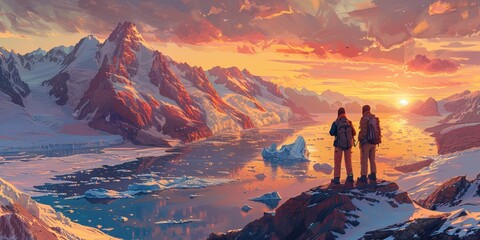 Hikers overlooking an arctic iceberg and glacier panorama with mountains in the background at sunset
