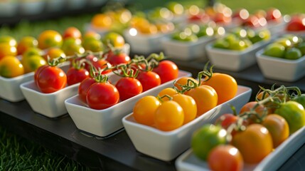 A variety of small tomatoes are displayed on a wooden table.