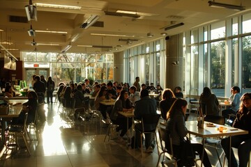 A busy cafeteria with people sitting at tables, engaged in conversation, A cafeteria bustling with noisy chatter as students enjoy lunchtime