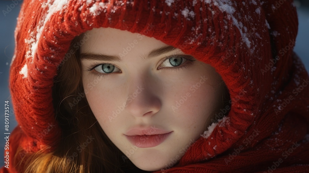 Wall mural Captivating portrait of a young woman in a cozy red winter hat