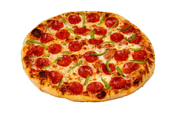 A zesty pizza with cheese, pepperoni and grren pepper toppings isolated on white