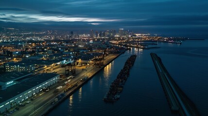 Photo of city lights on the horizon at night from a drone.