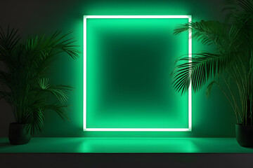 Illuminated Green Rectangle. Neon green rectangle with tropical foliage. Suitable for vibrant advertising and digital art - obrazy, fototapety, plakaty