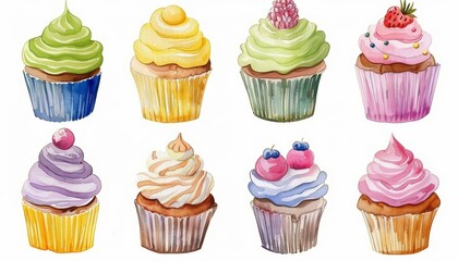 A set of watercolors of cupcakes, sweetly depicting their colorful icing, isolated white background