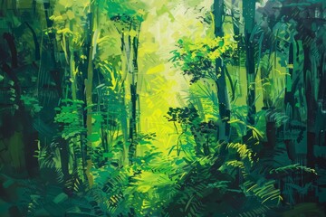 Abstract green landscape of a lush rainforest, expressed in solid color, transforming the typical scenery into a bold, graphic interpretation