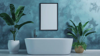 Banheira em um banheiro com plantas e parede azul com um quadro em branco no fundo