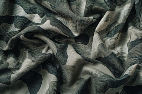 Camouflage print fabric in black and white, blending seamlessly for a stealthy look, A camouflage print in muted shades for a stealthy look