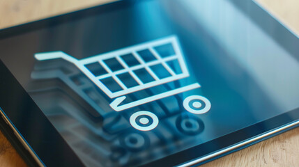A stylized digital shopping cart icon on a tablet screen, representing the modern era of e-commerce
