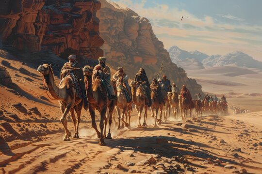 A caravan of traders traveling across the desert on camelback, A caravan of traders making their way across the desert on camelback