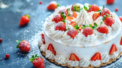   A tight shot of a cake on a table, adorned with strawberries atop and nestled beneath
