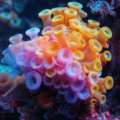 A beautiful and colorful coral reef with various types of coral and fish.