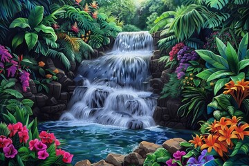 A painting depicting a cascading waterfall surrounded by vibrant flowers in a tropical setting, A cascading waterfall surrounded by tropical plants and vibrant blooms