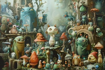 A painting depicting a variety of toys in a surreal setting, showcasing different types and colors, A cast of characters depicted in surreal, dreamlike settings