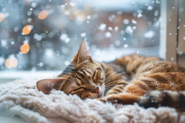 A cat peacefully curled up on a soft blanket in front of a window, watching snowfall, A cat curled up on a plush rug, watching the snowflakes
