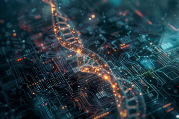 A computer generated image of a dna strand on a circuit board